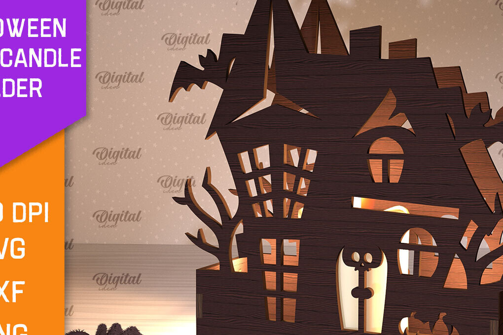 Intra απο ξύλο plywood  Χρώμα wenge 3mm-4mm πάχος - Κηροπήγιο Halloween House Δίασταση 15x15 cm INTRAFABR-91214508