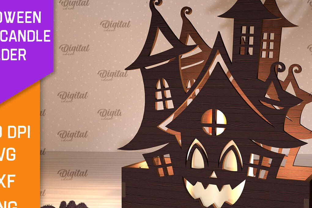 Intra απο ξύλο plywood  Χρώμα wenge 3mm-4mm πάχος - Κηροπήγιο Halloween House Δίασταση 15x15 cm INTRAFABR-71842762