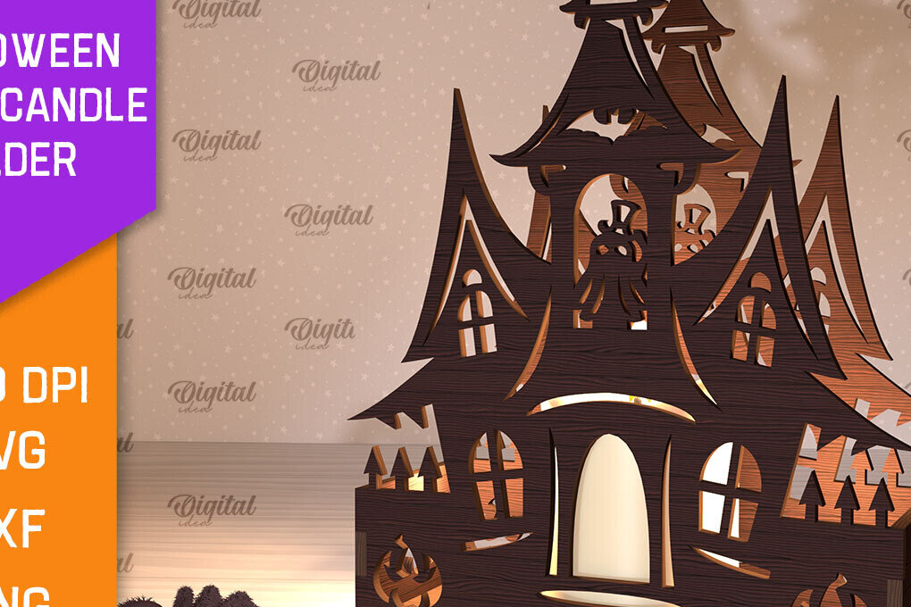 Intra απο ξύλο plywood  Χρώμα wenge 3mm-4mm πάχος - Κηροπήγιο Halloween House Δίασταση 15x15 cm INTRAFABR-71842814