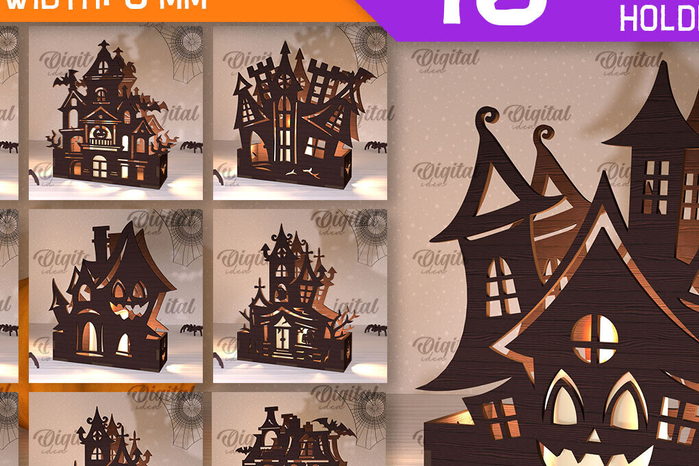 Intra απο ξύλο plywood  Χρώμα wenge 3mm-4mm πάχος - Κηροπήγια Halloween House Δίασταση 15x15 cm INTRAFABR-72053931