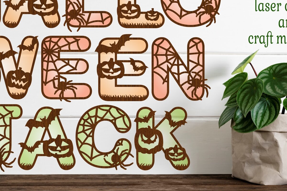 Intra απο ξύλο plywood  Χρώμα wenge 3mm-4mm πάχος - Πακέτο λέιζερ Halloween Letters 52 Δίασταση 15x15 cm INTRAFABR-110855011