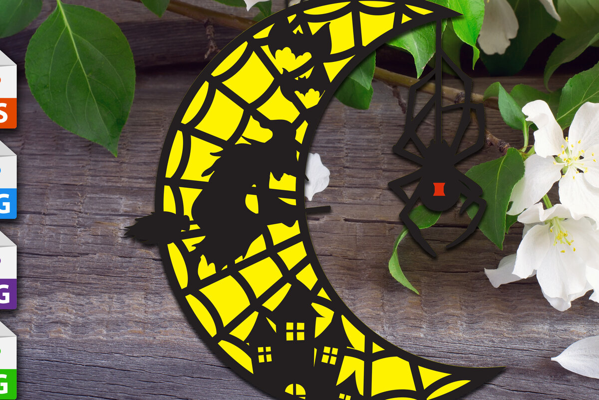 Intra απο ξύλο plywood  Χρώμα wenge 3mm-4mm πάχος - Απόκριες φεγγάρι με αράχνη και μάγισσα Δίασταση 15x15 cm INTRAFABR-11200611