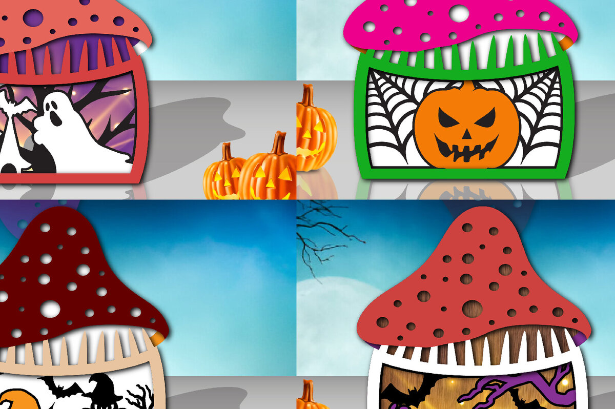 Intra απο ξύλο plywood  Χρώμα wenge 3mm-4mm πάχος - Τρισδιάστατη δέσμη αποκοπής με λέιζερ Halloween Mushroom Δίασταση 15x15 cm INTRAFABR-70273900