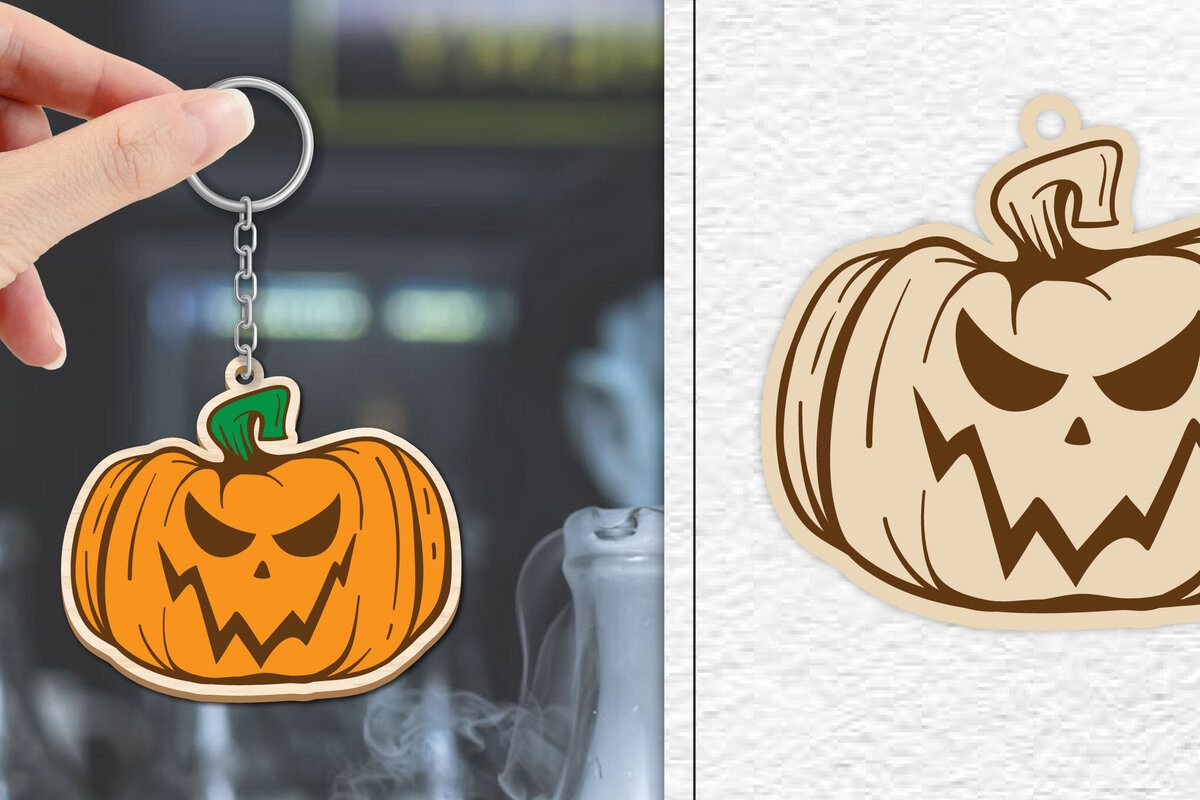 Intra απο ξύλο plywood  Χρώμα wenge 3mm-4mm πάχος - Κόψιμο με λέιζερ με μπρελόκ αποκριών κολοκύθας Δίασταση 4x4 cm INTRAFABR-124955824