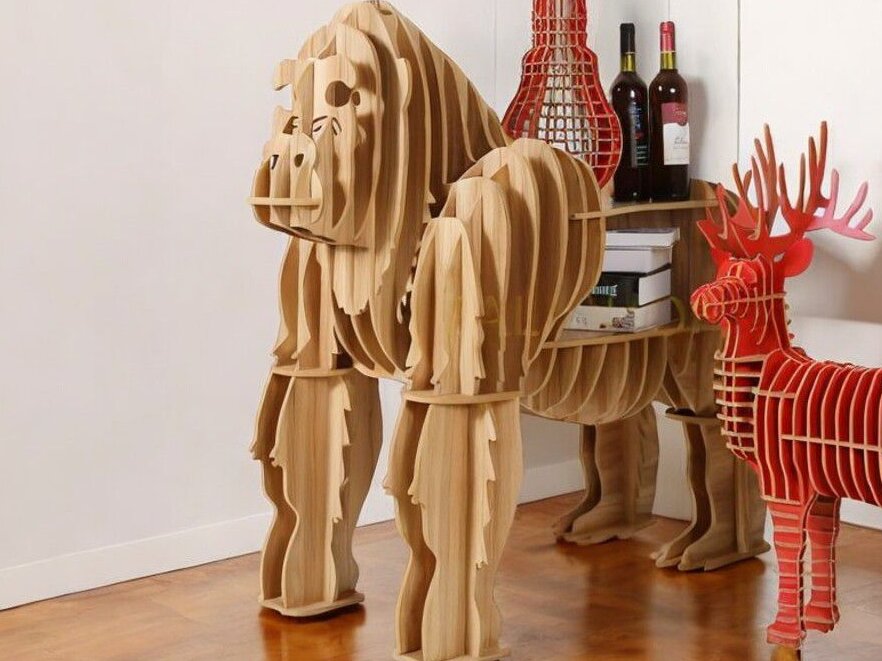 Intra απο ξύλο plywood 3mm-4mm πάχος – Βιβλιοθήκη σε σχήμα Γορίλας Ξύλινο Βοηθητικό Τραπέζι 45x50 cm INTRAVECTRY-MY545098