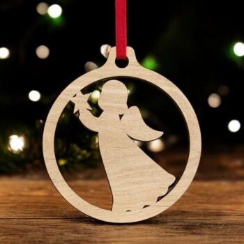 Intra απο ξύλο plywood 3mm-4mm πάχος – Μωρό άγγελος με χριστουγεννιάτικο μπιχλιμπίδι αστεριών 40x45 cm INTRAVECTRY-MY542683 - Image 1