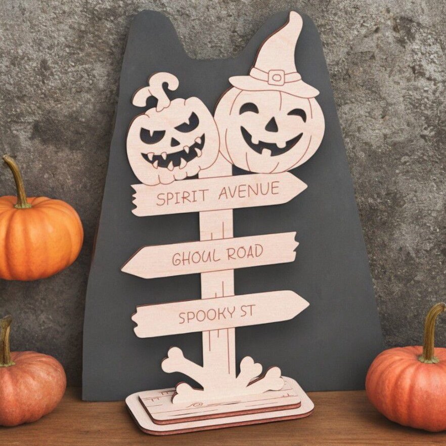 Intra απο ξύλο plywood 3mm-4mm πάχος – Τρομακτικό επιτραπέζιο αποκριάτικο σημάδι κολοκύθας 45x50 cm INTRAVECTRY-MY552193