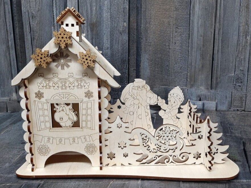 Intra απο ξύλο plywood 3mm-4mm πάχος – Χριστουγεννιάτικο Θέμα Τσαγιού Σπίτι 50x60 cm INTRAVECTRY-MY551964