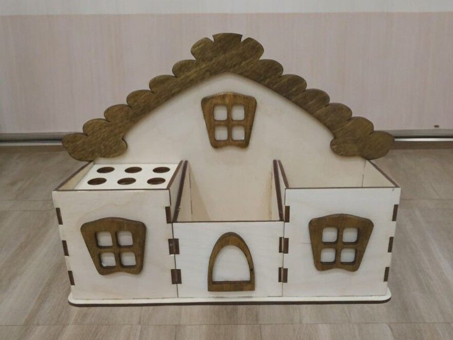 Intra απο ξύλο plywood 3mm-4mm πάχος – Μολυβοθήκη για στυλό Organizer Desk Shaped House 30x35 cm INTRAVECTRY-MY553736