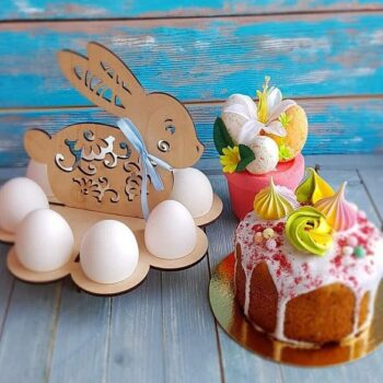 Intra απο ξύλο plywood 3mm-4mm πάχος – Λουλουδάτο λαγουδάκι με βάση στήριξης πασχαλινών αυγών 15x20 cm INTRAVECTRY-MY547723 - Image 2