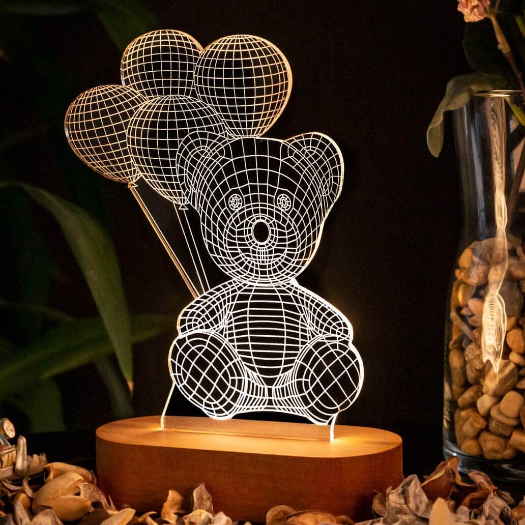 Intra απο ξύλο plywood 3mm-4mm πάχος – και Χαραγμένο αρκουδάκι με μπαλόνια 3D ακρυλικό φωτιστικό 20x25 cm INTRAVECTRY-MY556461