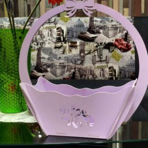 Intra απο ξύλο plywood 3mm-4mm πάχος – Κυματιστό καλάθι με λαβή με λουλούδια διακοσμημένο ξύλο φιόγκου με κορδέλα 15x20 cm INTRAVECTRY-MY555987