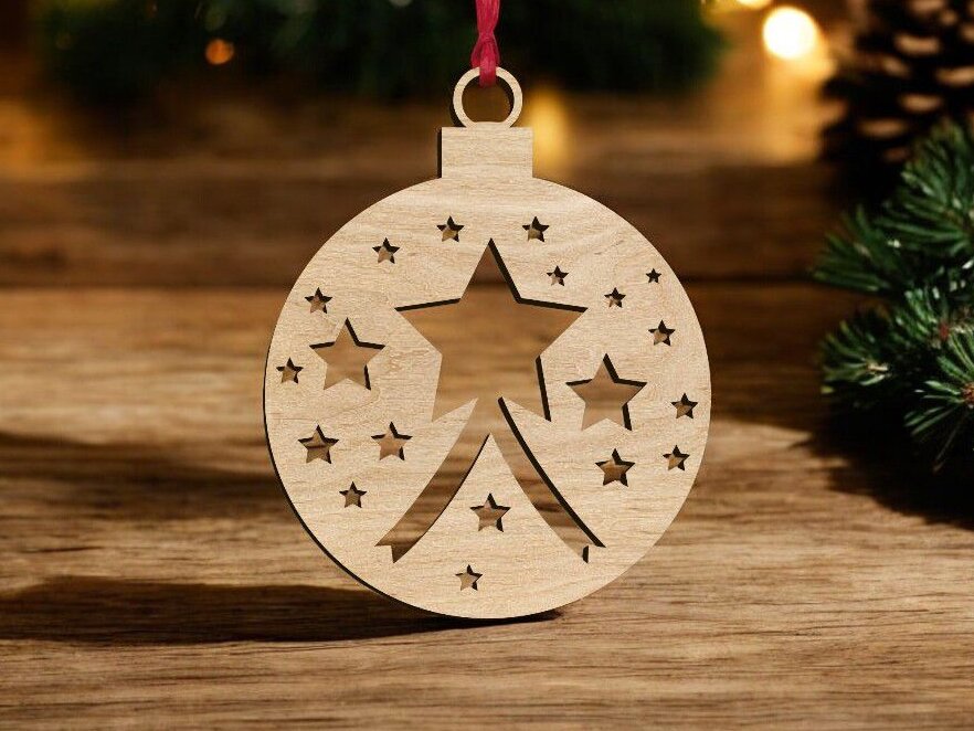 Intra απο ξύλο plywood 3mm-4mm πάχος – Χριστουγεννιάτικη Μπάλα με αστέρια 35x40 cm INTRAVECTRY-MY559390