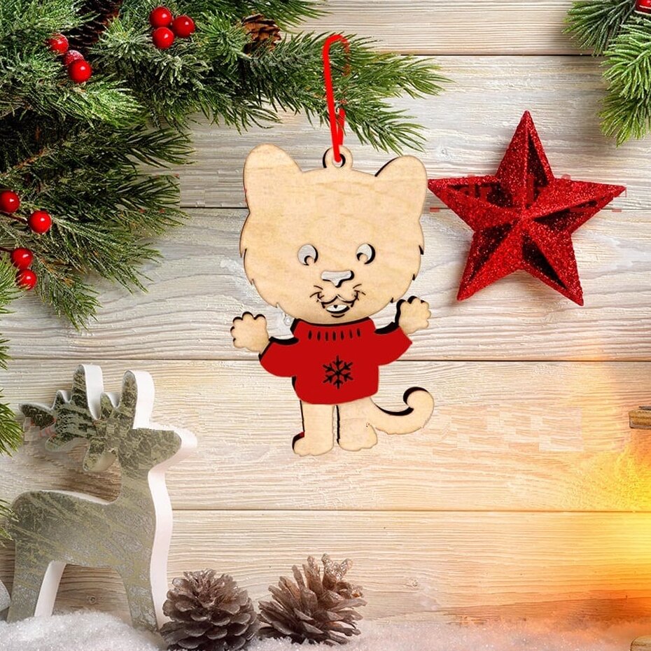 Intra απο ξύλο plywood 3mm-4mm πάχος – Ξύλινο Χριστουγεννιάτικο Κρεμαστό Στολίδι Τίγρης σε Λίμα Πουλόβερ 10x10 cm INTRAVECTRY-MY547980