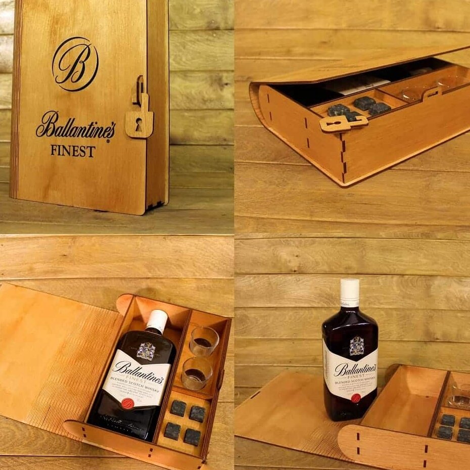 Intra απο ξύλο plywood 3mm-4mm πάχος – ξύλο κουτιού συσκευασίας με χαραγμένο ουίσκι Ballantines Finest σετ δώρου 20x20 cm INTRAVECTRY-MY560707