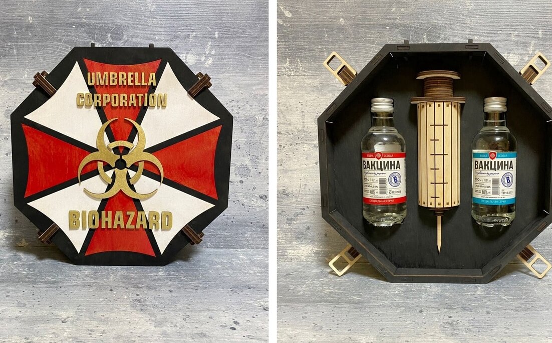 Intra απο ξύλο plywood 3mm-4mm πάχος – Κουτί δώρου Vodka Vaccine με Ξύλινη Σύριγγα Ομπρέλα Corps File 25x30 cm INTRAVECTRY-MY546286