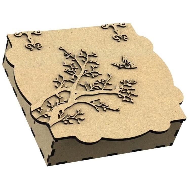 Intra απο ξύλο plywood 3mm-4mm πάχος – Ξύλινο κουτί δώρου με 3D δέντρο και πεταλούδα στο καπάκι ξύλο DXF 12x15 cm INTRAVECTRY-MY557555