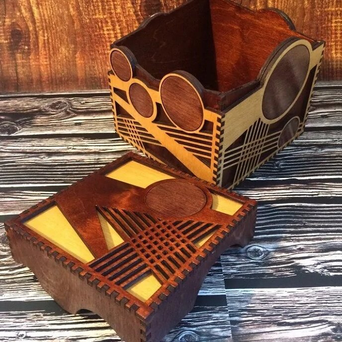 Intra απο ξύλο plywood 3mm-4mm πάχος – Μικρό Ξύλινο Κουτί με Κύκλους και Διχτυωτό Σχέδιο 4mm ξύλο DXF 20x25 cm INTRAVECTRY-MY552353