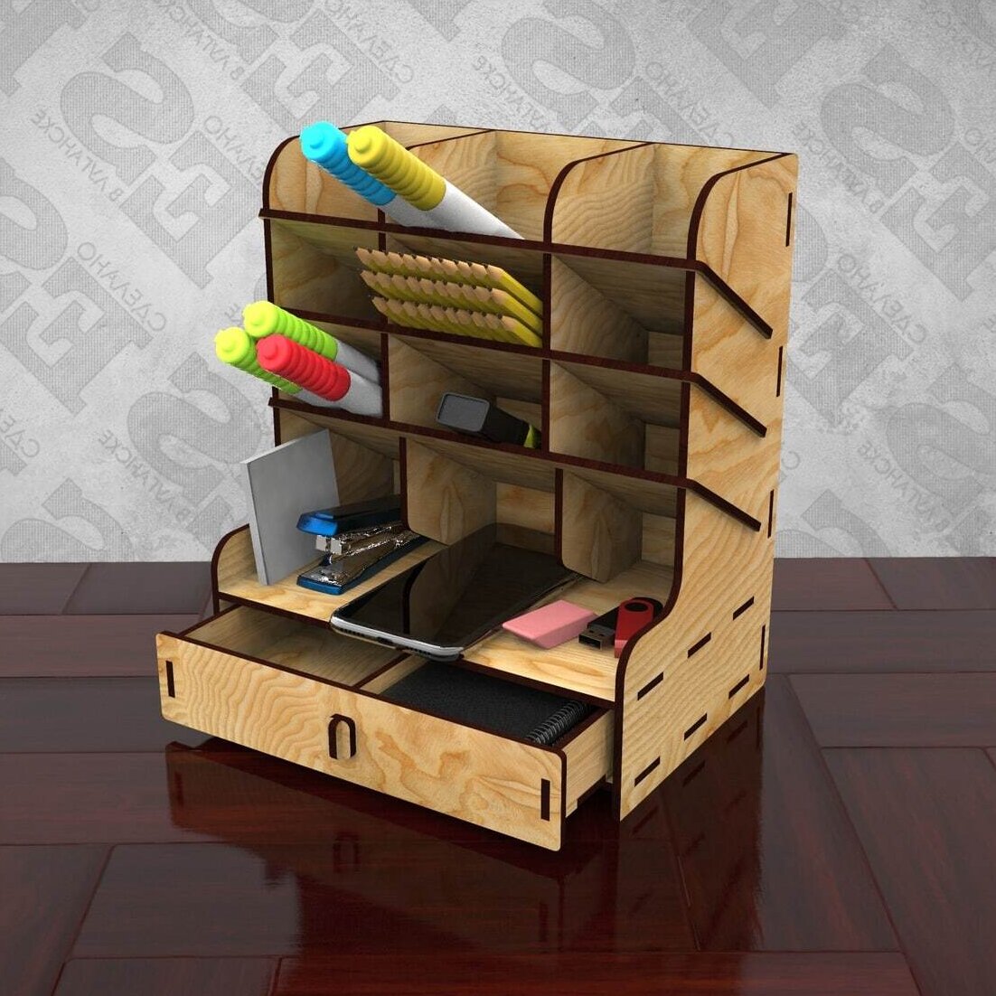 Intra απο ξύλο plywood 3mm-4mm πάχος – Πολυλειτουργικό Desktop Organizer με συρτάρια 25x25 cm INTRAVECTRY-MY551281