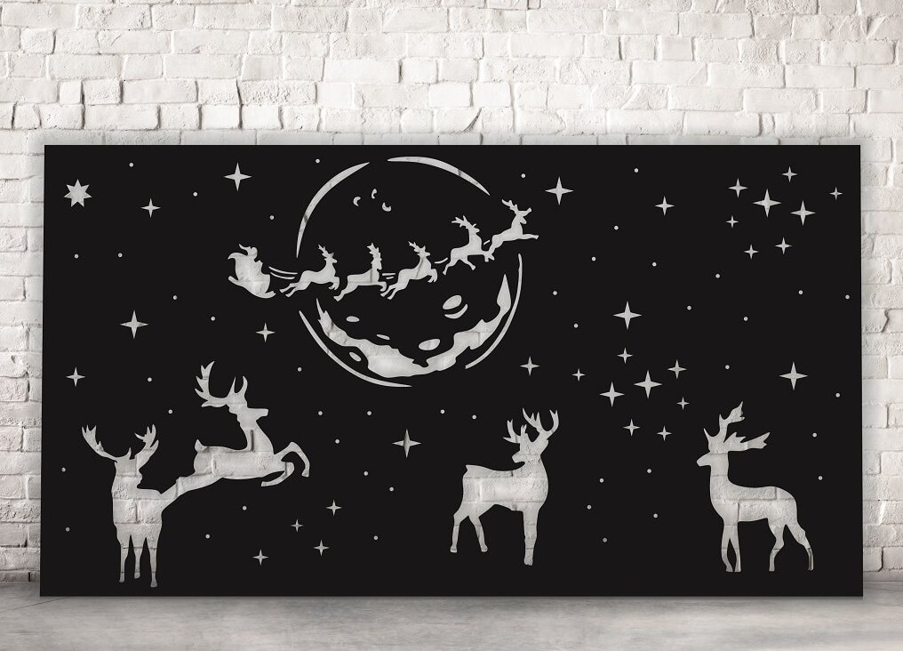 Intra απο ξύλο plywood 3mm-4mm πάχος – Έλκηθρο Άγιου Βασίλη με ιπτάμενους τάρανδους στον πίνακα τοίχου του ουρανού 45x50 cm INTRAVECTRY-MY560865