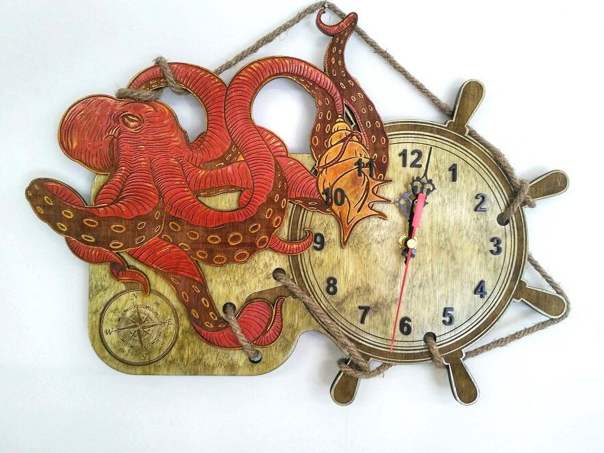 Intra απο ξύλο plywood 3mm-4mm πάχος – Χταπόδι με ξύλο ρολογιού τοίχου με τροχό πειρατικού πλοίου 40x40 cm INTRAVECTRY-MY554584