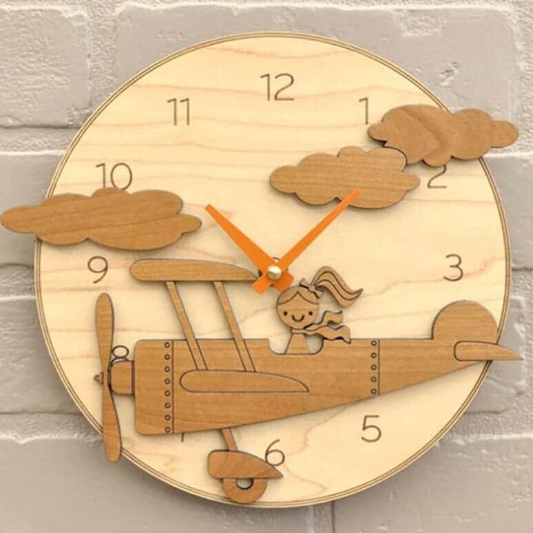 Intra απο ξύλο plywood 3mm-4mm πάχος – Αεροπλάνο Κορίτσι Στρογγυλό Ξύλινο ρολόι τοίχου για ξύλο παιδικού δωματίου 12x15 cm INTRAVECTRY-MY557270