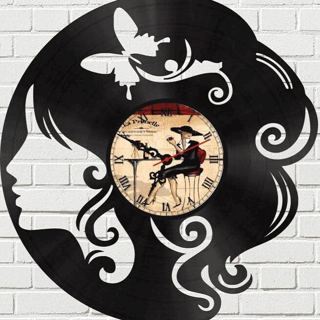 Intra απο ξύλο plywood 3mm-4mm πάχος – Vintage Vinyl LP Record Girl Ρολόι τοίχου 15x15 cm INTRAVECTRY-MY555887