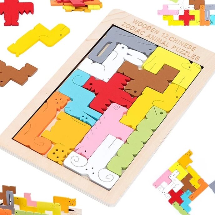 Intra απο ξύλο plywood 3mm-4mm πάχος – Ξύλινο Ορθογώνιο Κινέζικο Ζώδιο Ζώο Tetris ξύλο πίνακα παζλ 25x25 cm INTRAVECTRY-MY556042