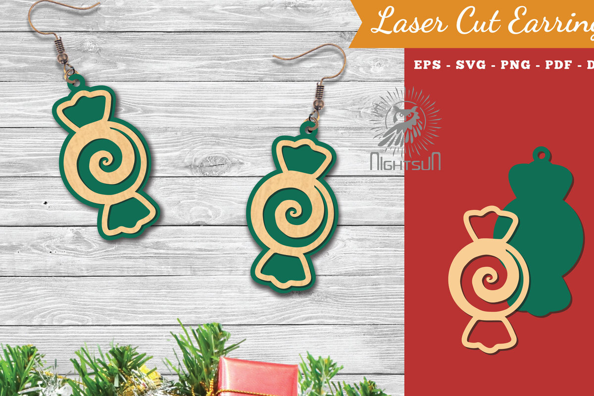 Intra απο ξύλο plywood 3mm-4mm πάχος Χριστουγεννιάτικα σκουλαρίκια κομμένα με λέιζερ καραμέλα 3 Δίασταση 3x3 cm INTRAFABR-112553200