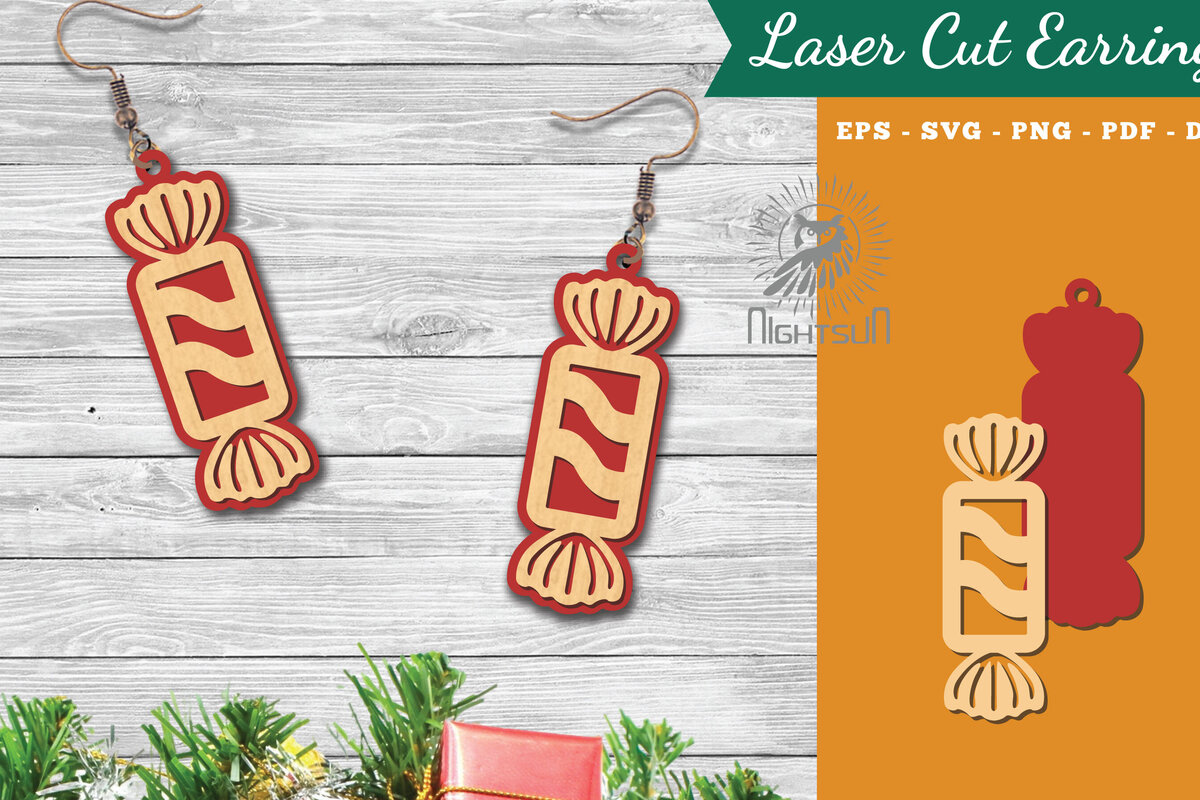 Intra απο ξύλο plywood 3mm-4mm πάχος Χριστουγεννιάτικα σκουλαρίκια με λέιζερ καραμέλα 5 Δίασταση 3x3 cm INTRAFABR-112553380