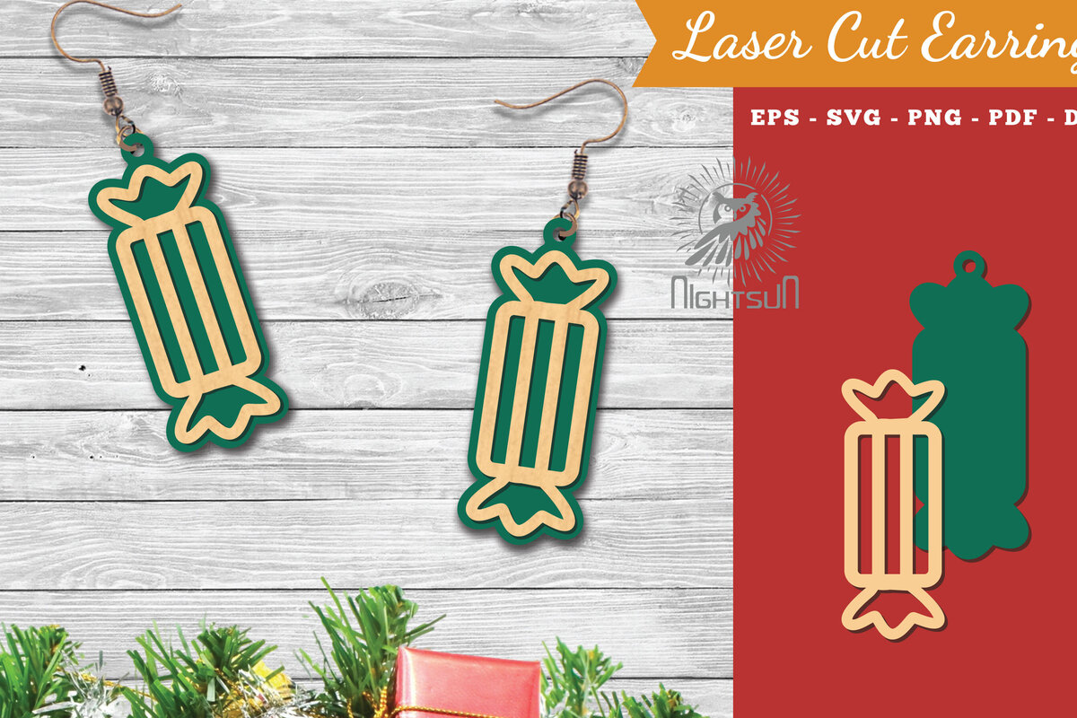 Intra απο ξύλο plywood 3mm-4mm πάχος Χριστουγεννιάτικα σκουλαρίκια κομμένα με λέιζερ καραμέλα 6 Δίασταση 3x3 cm INTRAFABR-112553416