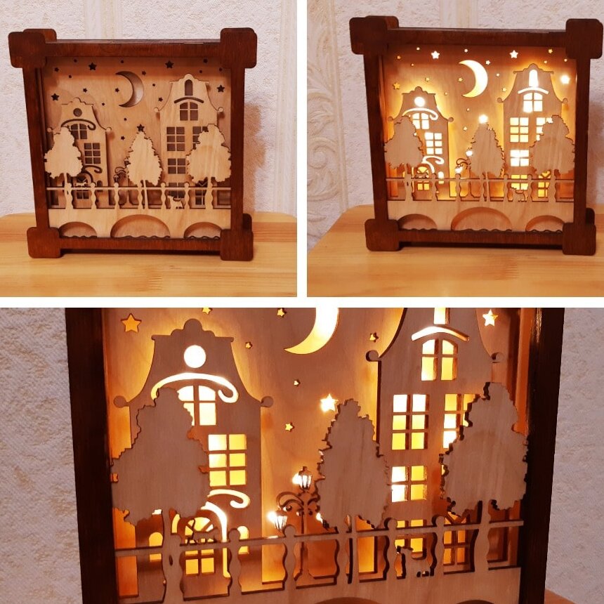 Intra απο ξύλο plywood 3mm-4mm πάχος – ξύλο Ξύλινο Πολυστρωματικό Φωτιστικό Νυχτερινής Σκηνής πόλης 50x60 cm INTRAVECTRY-MY558034