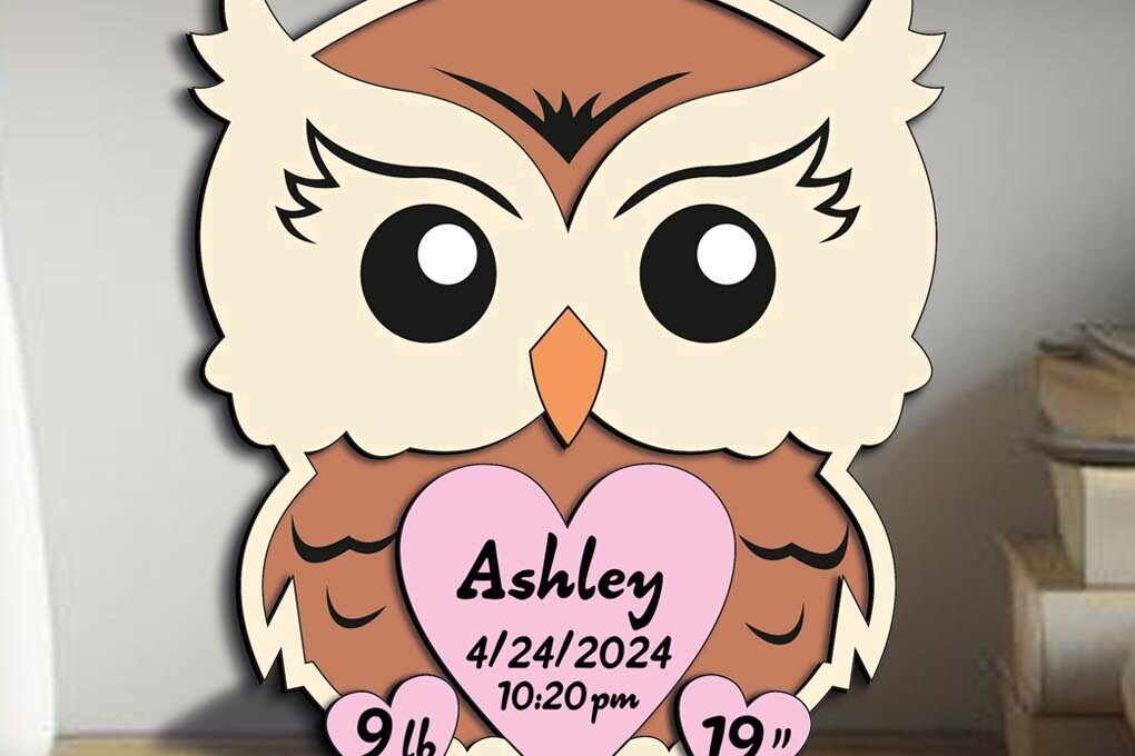 Intra απο ξύλο plywood 3mm-4mm πάχος – Πινακίδα ανακοίνωσης γέννησης νεογέννητου μωρού κουκουβάγιας Δίασταση  20x20 cm INTRAFABR-103245642