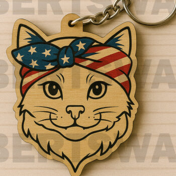 Intra απο ξύλο plywood 3mm-4mm πάχος – Μπρελόκ Patriotic Cat Δίασταση  5x5 cm INTRAFABR-122668563 - Image 1