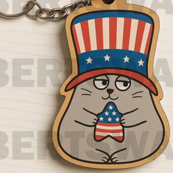 Intra απο ξύλο plywood 3mm-4mm πάχος – Μπρελόκ Patriotic Cat Δίασταση  5x5 cm INTRAFABR-122600789 - Image 1