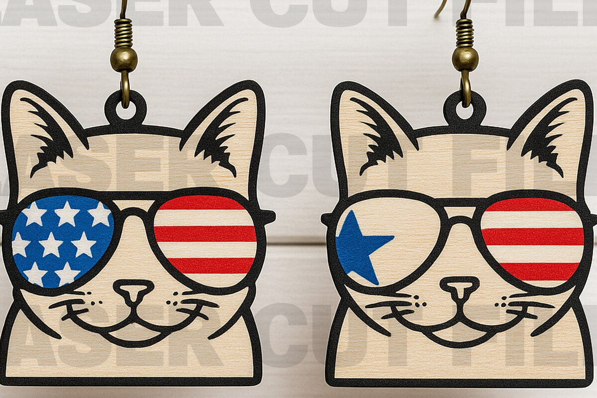 Intra απο ξύλο plywood 3mm-4mm πάχος – Patriotic Cat Glasses Earrings Δίασταση  5x5 cm INTRAFABR-122673567