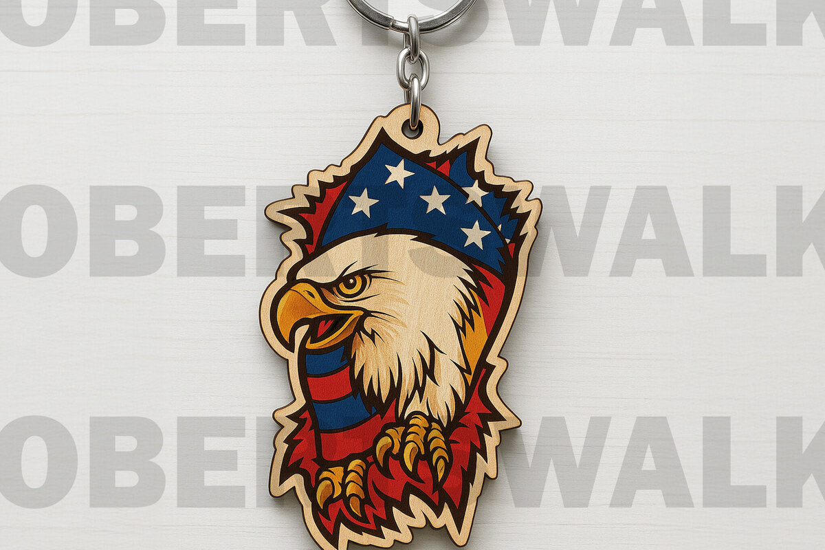 Intra απο ξύλο plywood 3mm-4mm πάχος – Μπρελόκ Patriotic Eagle Head Cut Laser Δίασταση  5x5 cm INTRAFABR-122401103