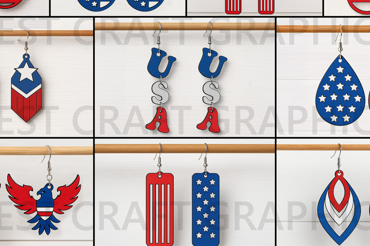 Intra απο ξύλο plywood 3mm-4mm πάχος – Patriotic Earrings Bundle USA Δίασταση  5x5 cm INTRAFABR-122656716