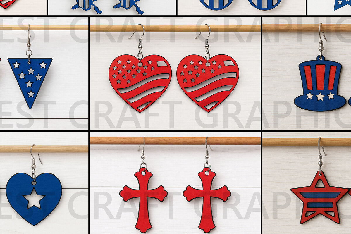 Intra απο ξύλο plywood 3mm-4mm πάχος – Patriotic Earrings Bundle USA Δίασταση 5x5 cm INTRAFABR-122655558