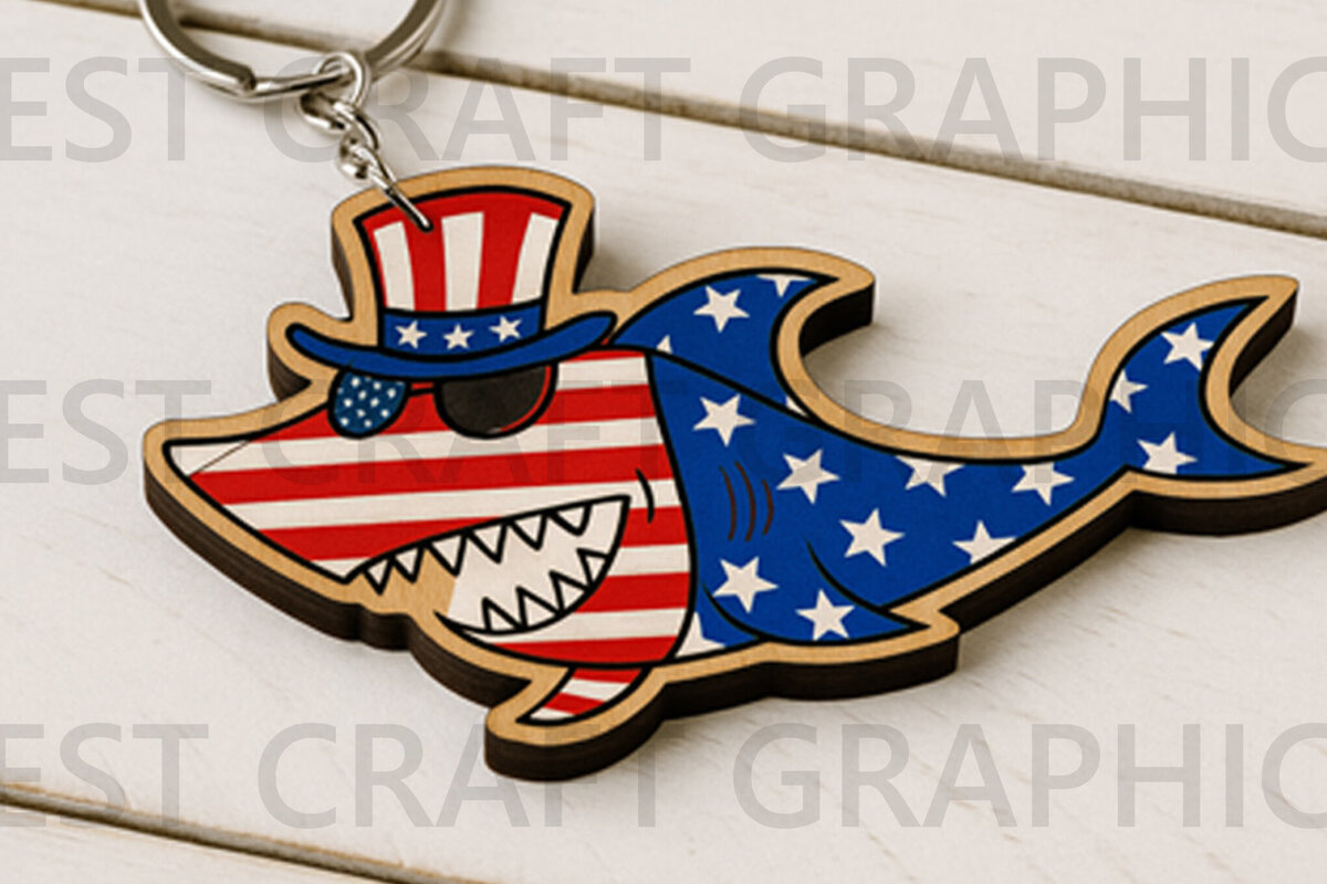 Intra απο ξύλο plywood 3mm-4mm πάχος – Μπρελόκ Patriotic Shark Δίασταση  5x5 cm INTRAFABR-122654541