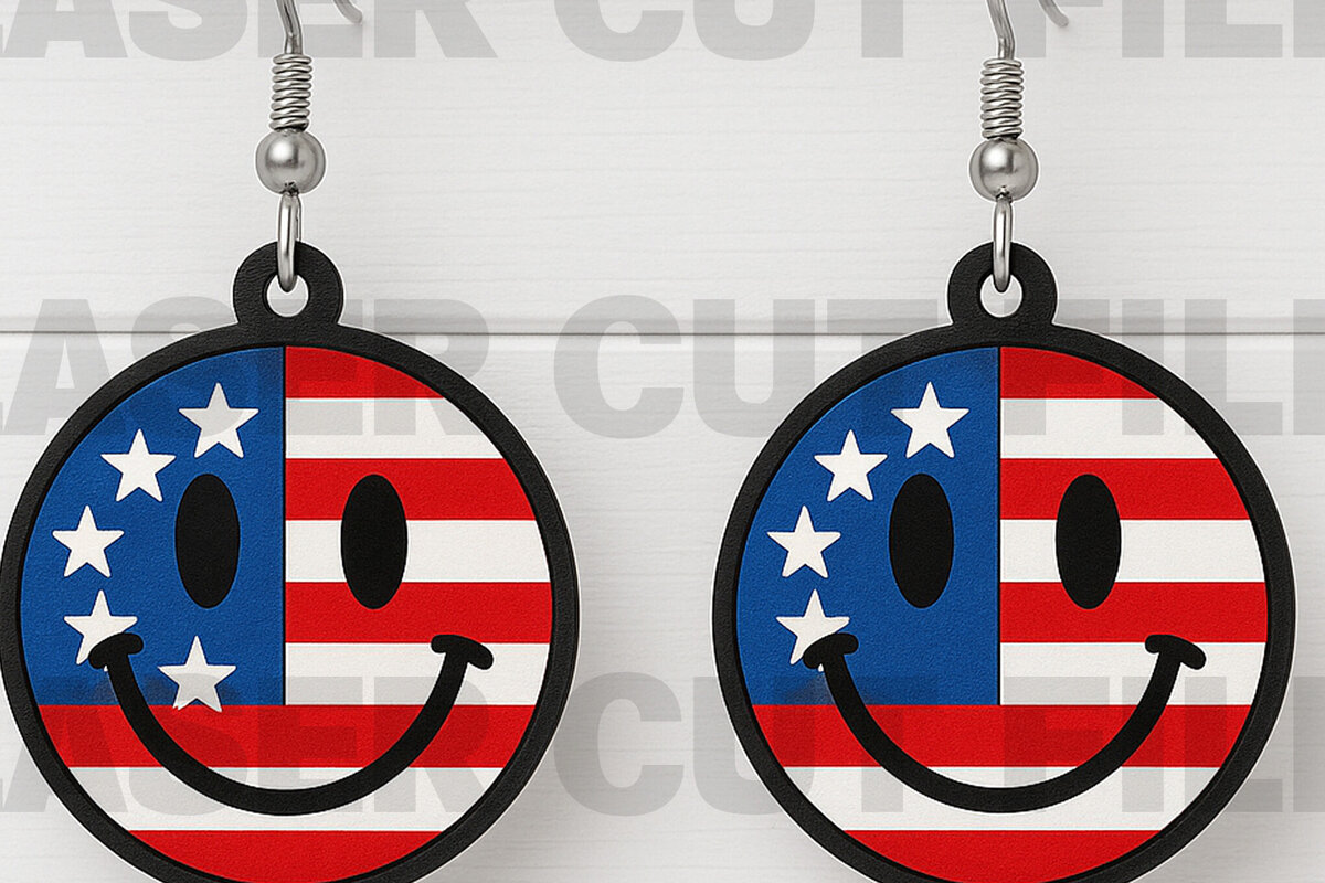 Intra απο ξύλο plywood 3mm-4mm πάχος – Patriotic Smile Face Earrings Δίασταση  5x5 cm INTRAFABR-122673642