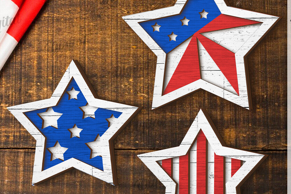 Intra απο ξύλο plywood 3mm-4mm πάχος – Patriotic Star Decor  κοπής με λέιζερ Δίασταση  20x20 cm INTRAFABR-122197611