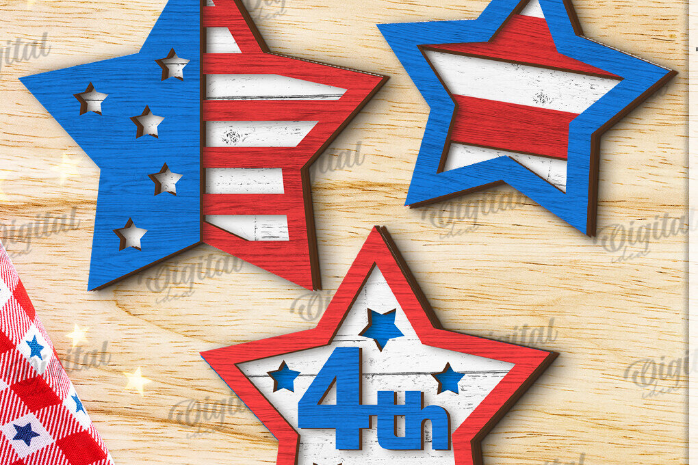 Intra απο ξύλο plywood 3mm-4mm πάχος – Patriotic Star Decor  κοπής με λέιζερ Δίασταση  20x20 cm INTRAFABR-122197500