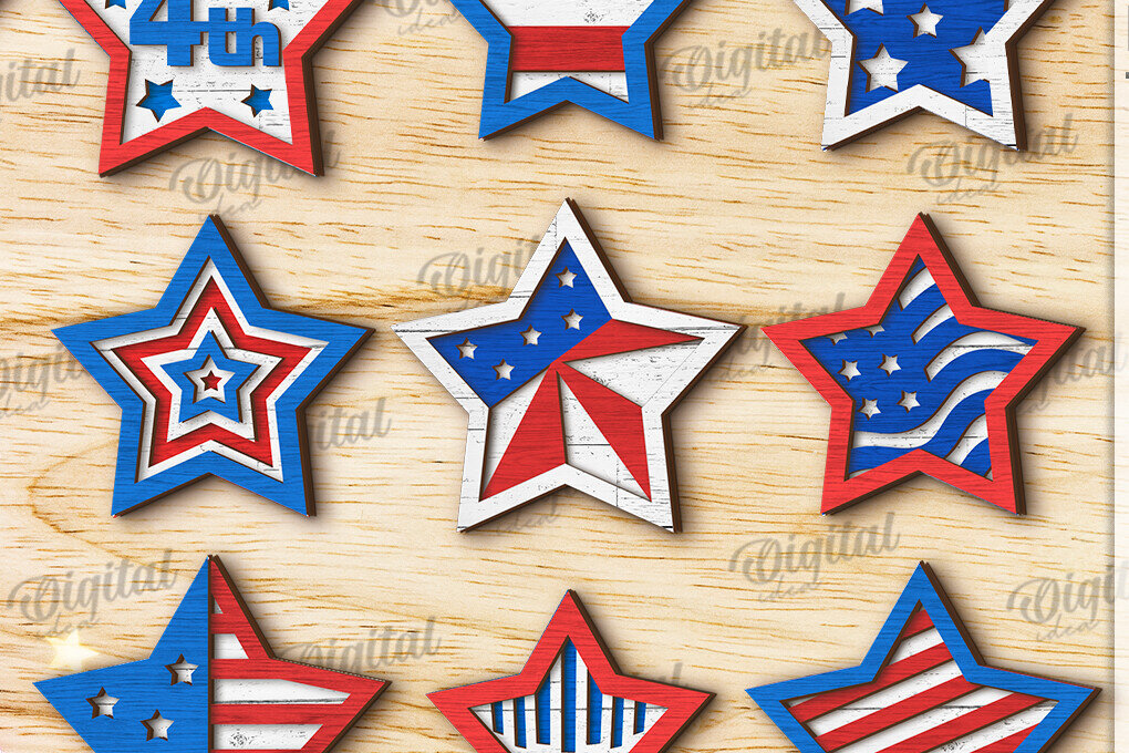 Intra απο ξύλο plywood 3mm-4mm πάχος – Patriotic Stars Decor Bundle Cut Laser Δίασταση  20x20 cm INTRAFABR-122061105