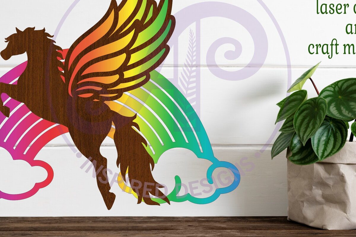 Intra απο ξύλο plywood 3mm-4mm πάχος – Πήγασος και ουράνιο τόξο δύο επιπέδων τοίχο σημάδι Δίασταση  20x20 cm INTRAFABR-84416241