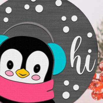 Intra απο ξύλο plywood 3mm-4mm πάχος – Penguin Hi, Xmas Door Sign Δίασταση 40x30 cm INTRAFABR-112036968 - Image 1