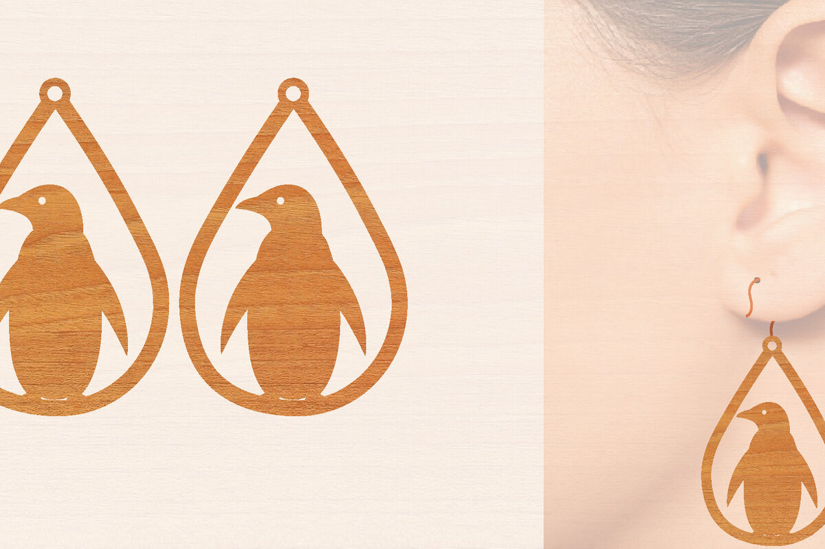 Intra απο ξύλο plywood 3mm-4mm πάχος – Ξύλινα σκουλαρίκια Penguin Δίασταση  5x5 cm INTRAFABR-99190893