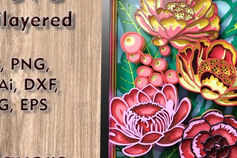 Intra απο ξύλο plywood 3mm-4mm πάχος – Αρχεία λέιζερ πολλαπλών επιπέδων Peony 3D Δίασταση  20x20 cm INTRAFABR-109001562