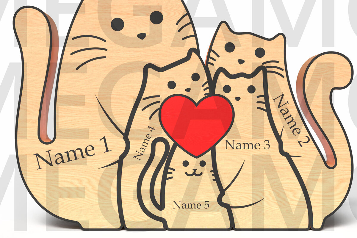 Intra απο ξύλο plywood 3mm-4mm πάχος – Εξατομικευμένη Οικογένεια Γάτας με Καρδιά Δίασταση  20x20 cm INTRAFABR-121637316