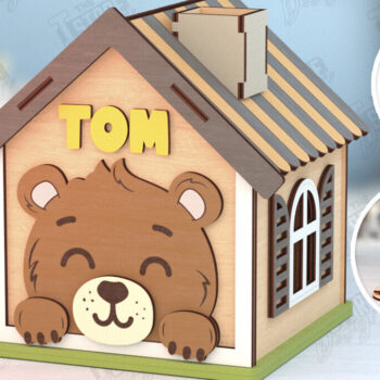 Intra απο ξύλο plywood 3mm-4mm πάχος – Εξατομικευμένη Piggy Bank | Αρκούδα Δίασταση  20x20 cm INTRAFABR-120841452 - Image 1